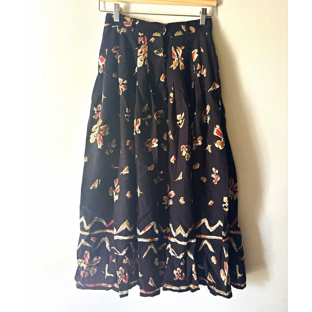Together Women's Black Floral Pleated A-Line Midi Skirt Size 4 Rayon Zip